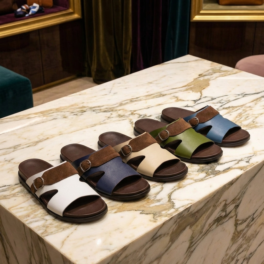 Collection of colorful Arabic sandals displayed on a table.slider_item_BW4wmg