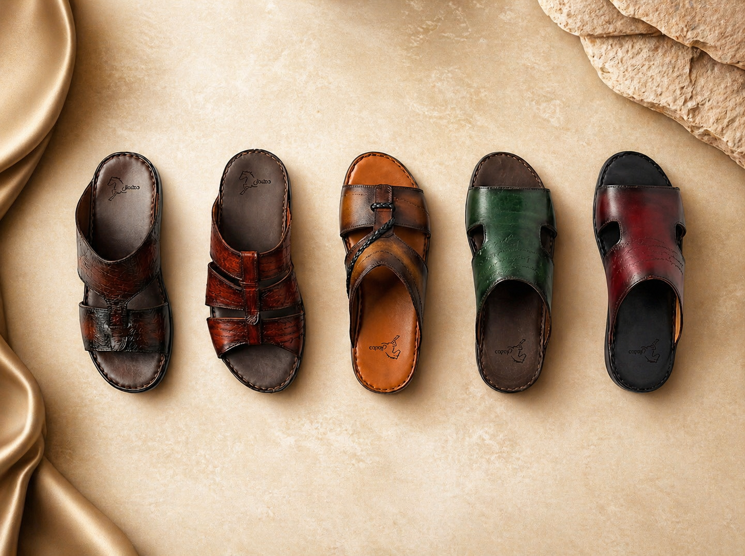 Collection of colorful Arabic sandals displayed on a table.