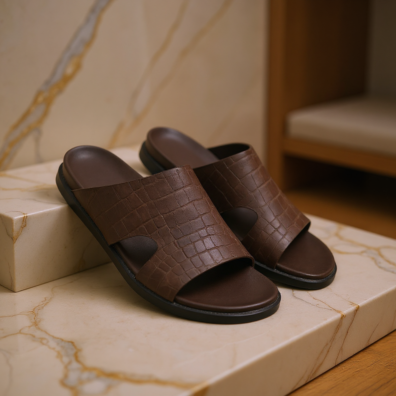 Brown croc-effect Arabic sandals