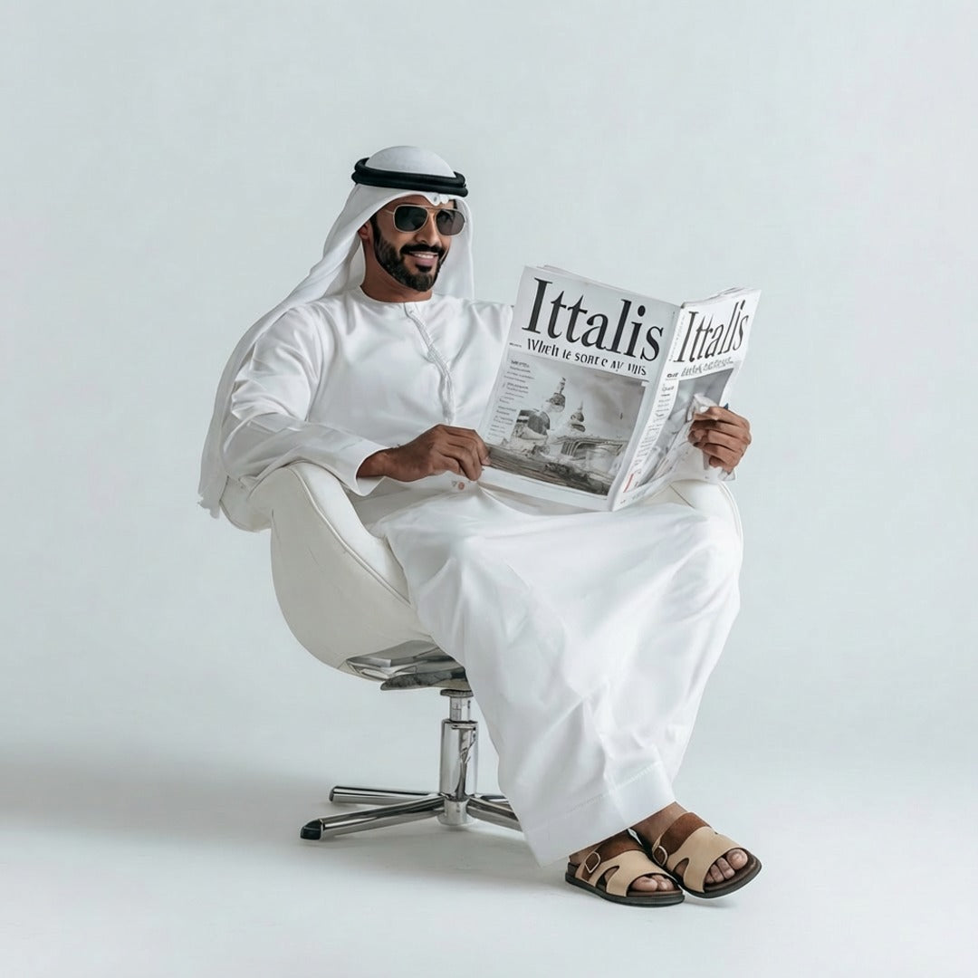 Man in traditional Arab attire reading a newspaper.
